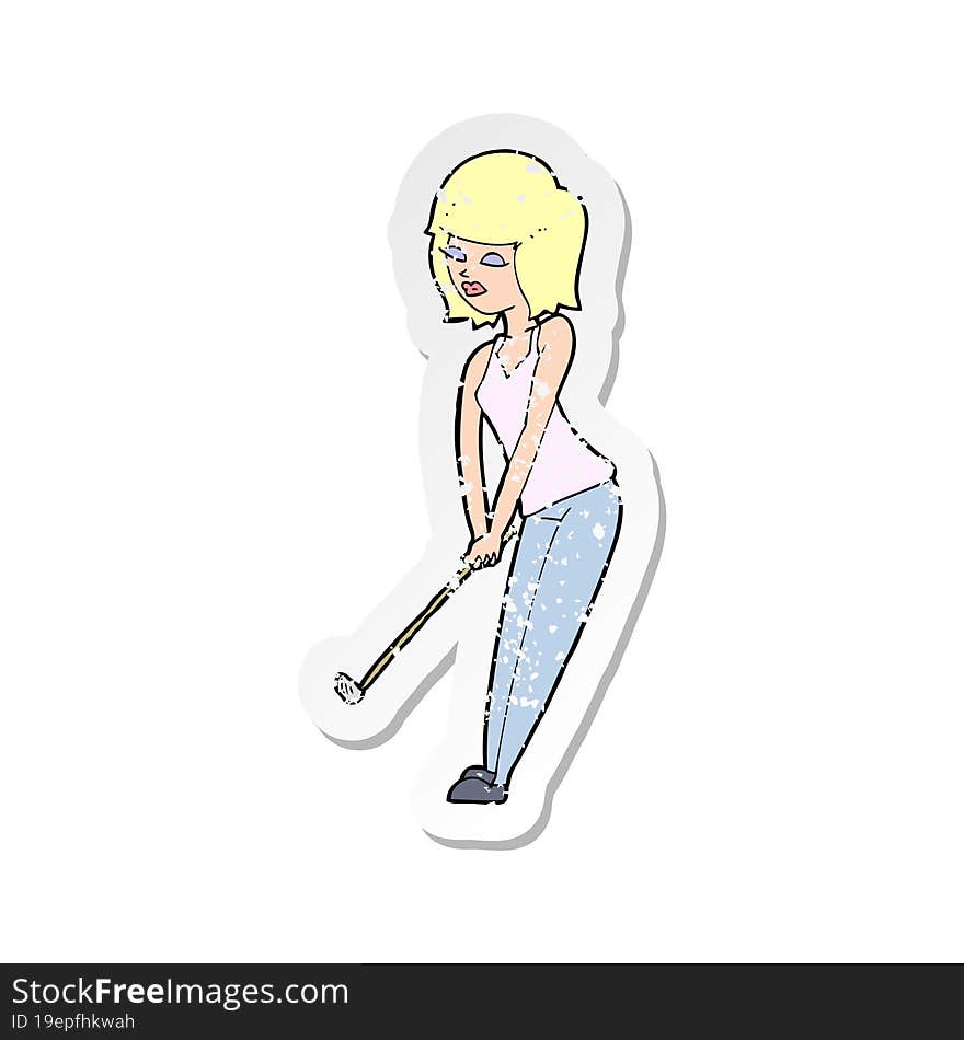 Retro Distressed Sticker Of A Cartoon Woman Playing Golf