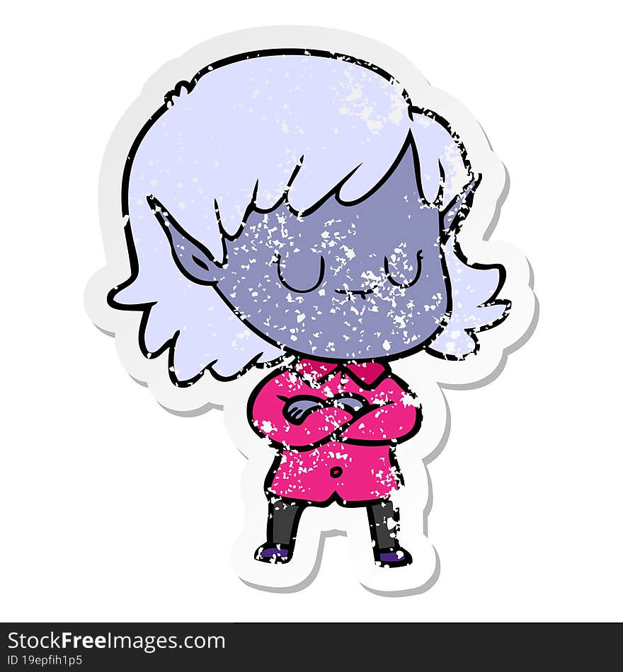 distressed sticker of a happy cartoon elf girl