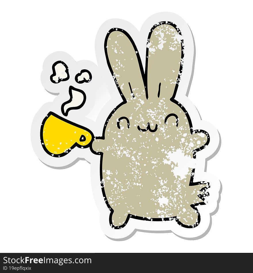 Distressed Sticker Of A Cute Cartoon Rabbit Drinking Coffee