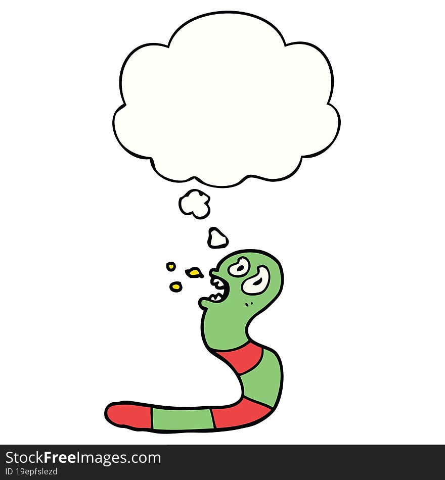 cartoon frightened worm with thought bubble. cartoon frightened worm with thought bubble