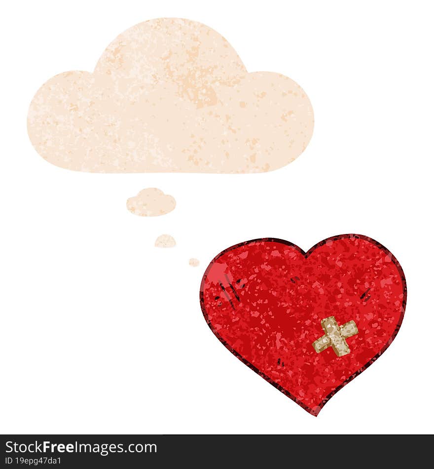 cartoon love heart with sticking plaster and thought bubble in retro textured style