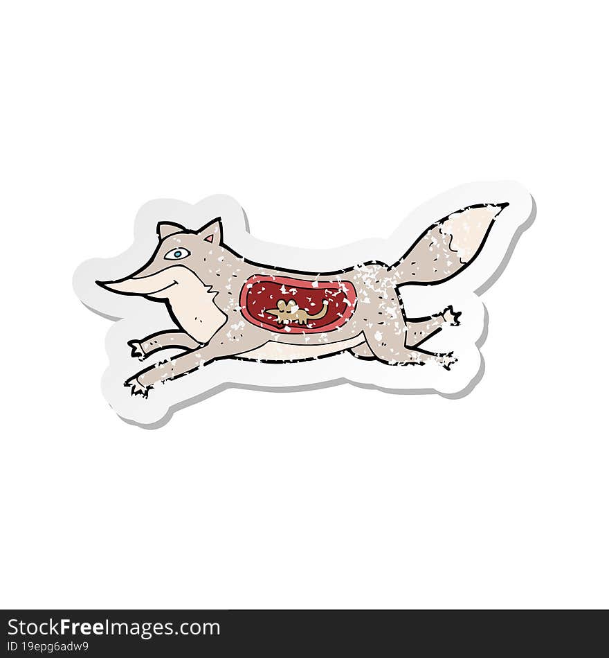 Retro Distressed Sticker Of A Cartoon Wolf With Mouse In Belly