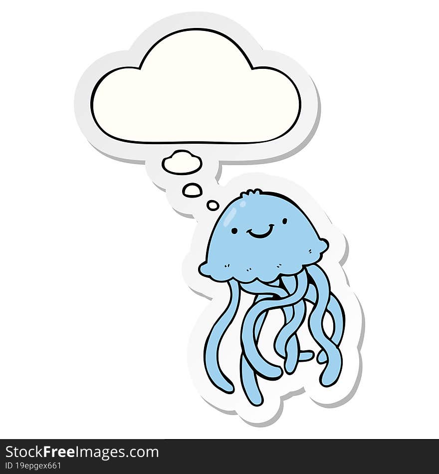 cartoon happy jellyfish and thought bubble as a printed sticker