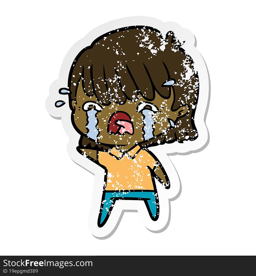 distressed sticker of a cartoon girl crying