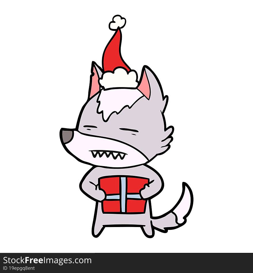 line drawing of a wolf with a gift wearing santa hat