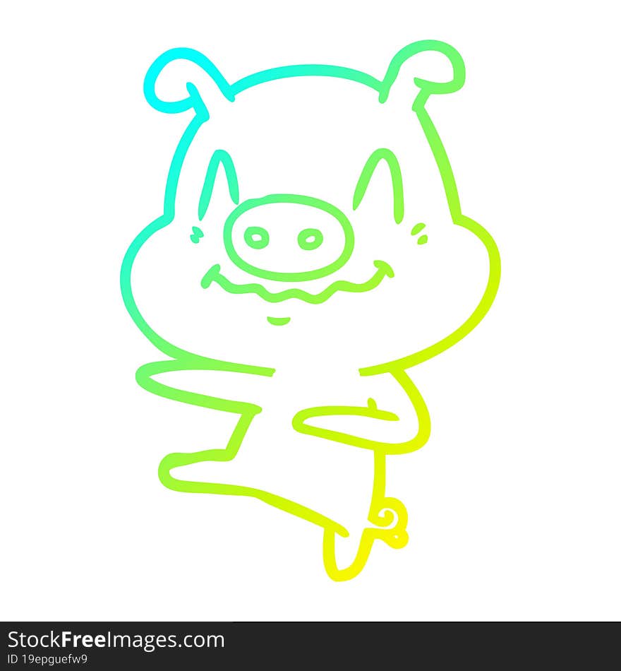 cold gradient line drawing of a nervous cartoon pig dancing