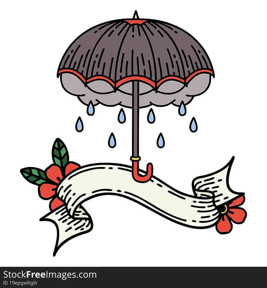 tattoo with banner of an umbrella and storm cloud