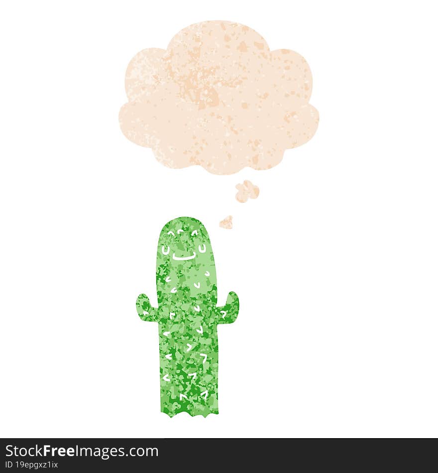 cartoon cactus and thought bubble in retro textured style