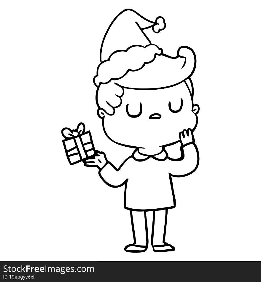 line drawing of a man wondering wearing santa hat