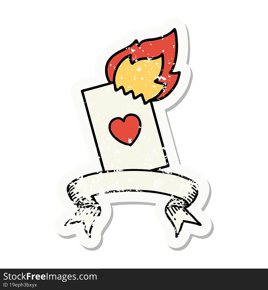 grunge sticker with banner of a flaming card