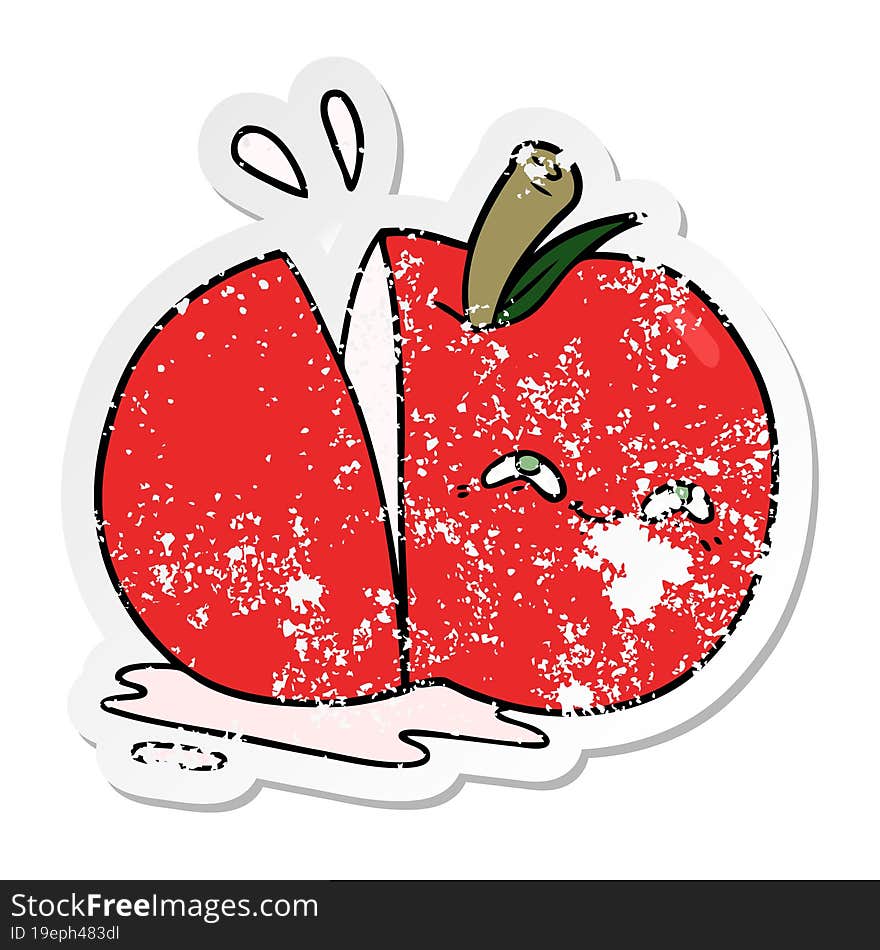 distressed sticker of a cartoon sliced apple