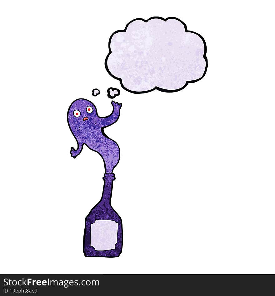 cartoon ghost in bottle with thought bubble