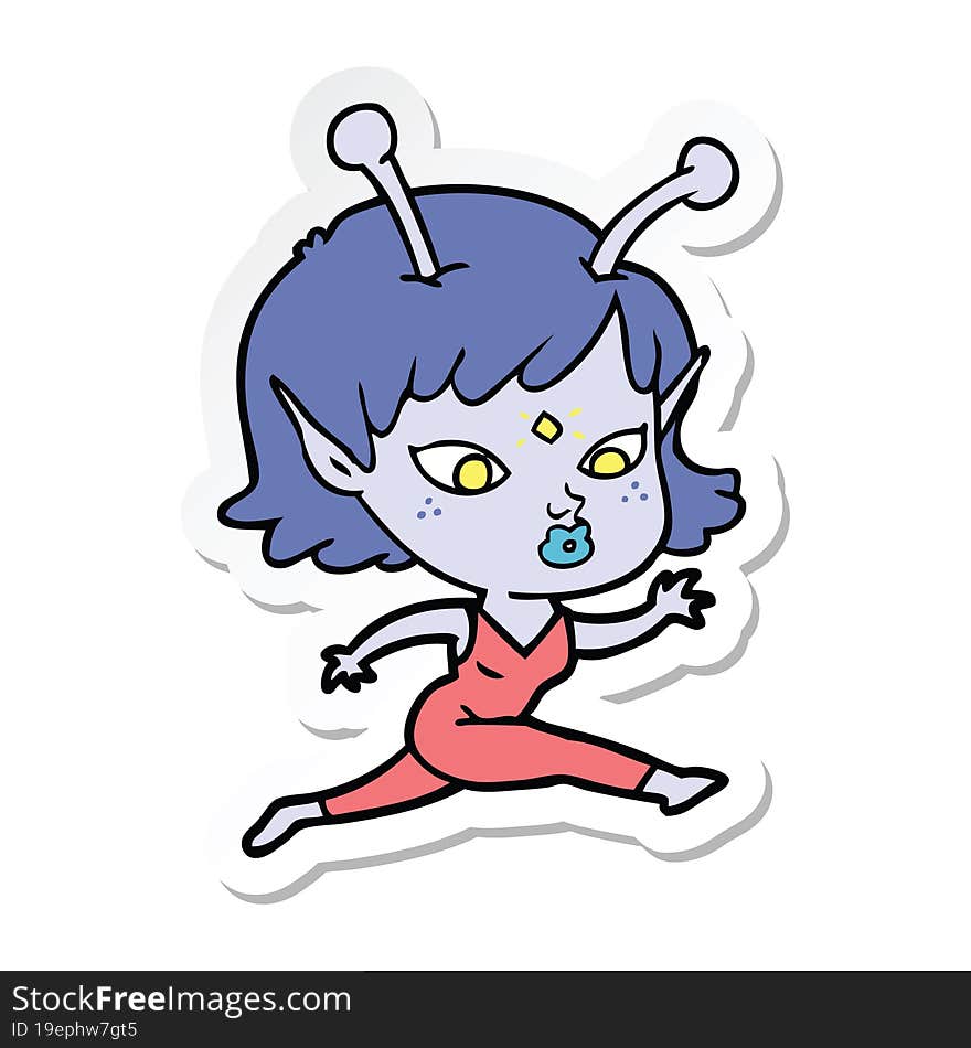 sticker of a pretty cartoon alien girl running