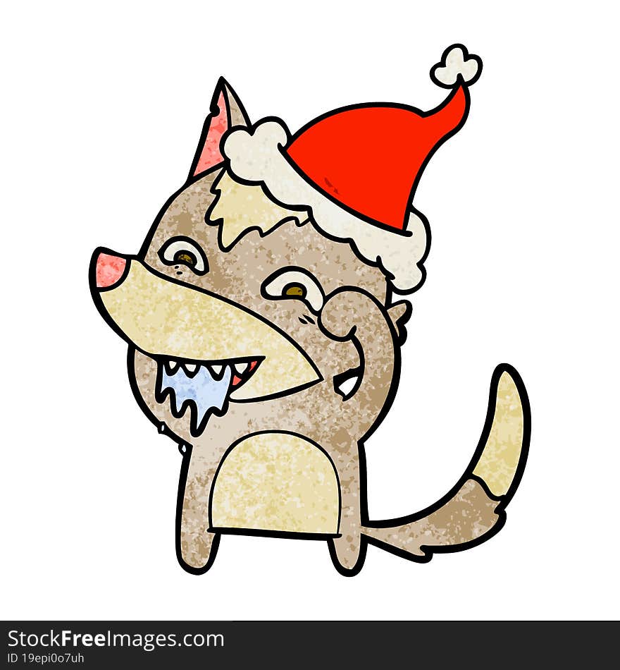 textured cartoon of a hungry wolf wearing santa hat