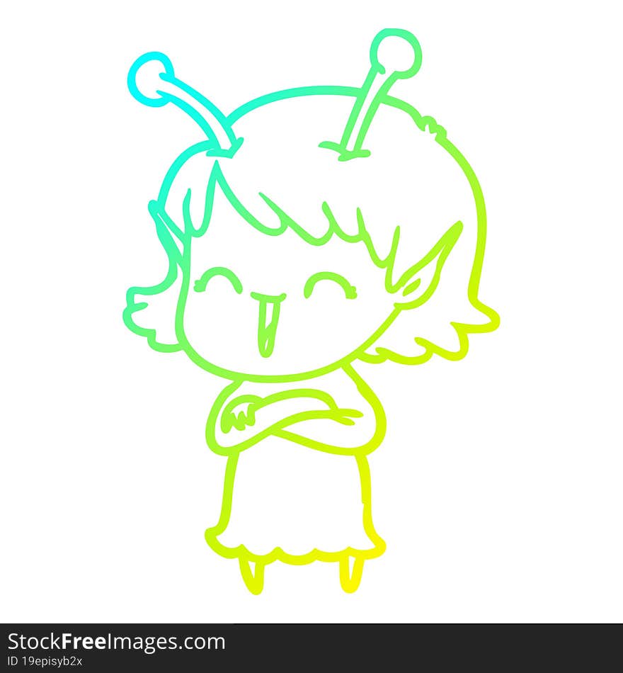 Cold Gradient Line Drawing Cartoon Alien Girl Laughing