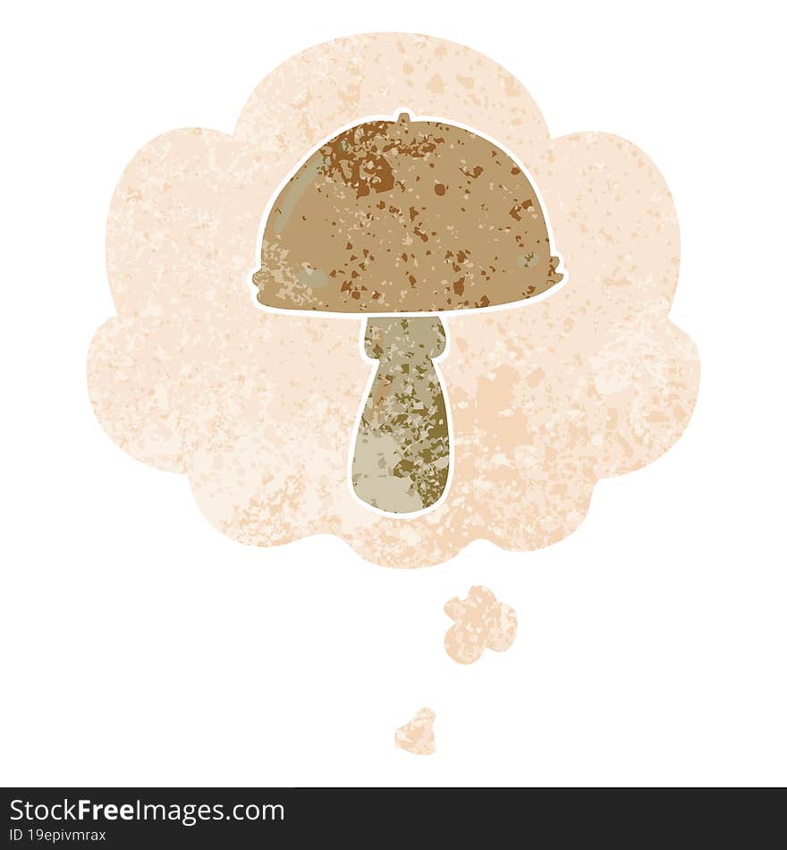 Cartoon Mushroom And Thought Bubble In Retro Textured Style