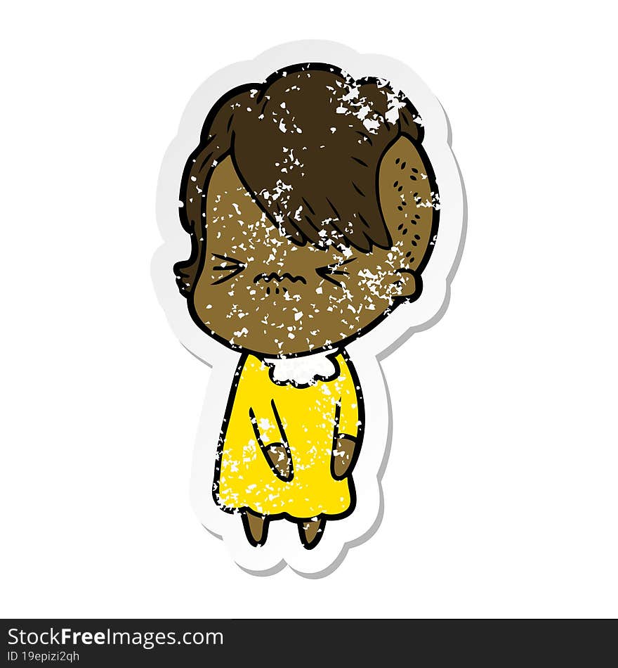 distressed sticker of a cartoon annoyed hipster girl