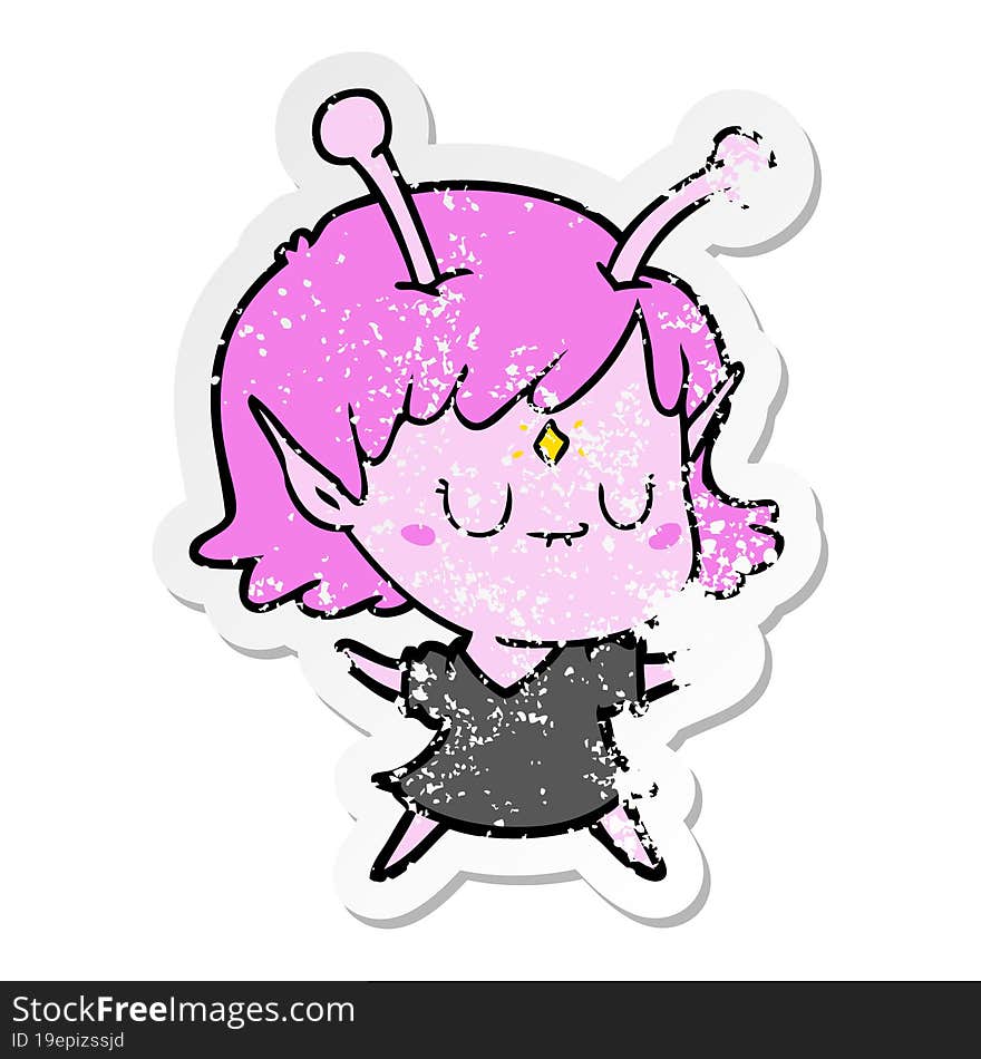 distressed sticker of a cartoon alien girl