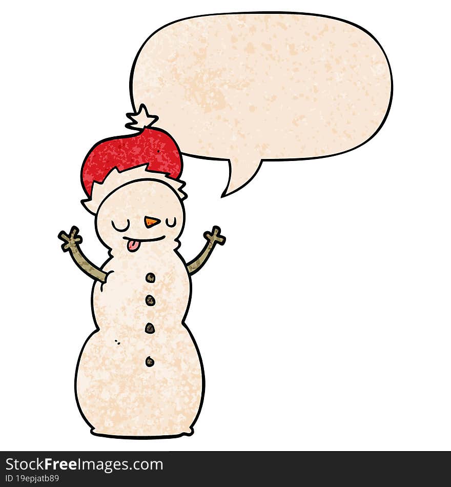 Cartoon Christmas Snowman And Speech Bubble In Retro Texture Style