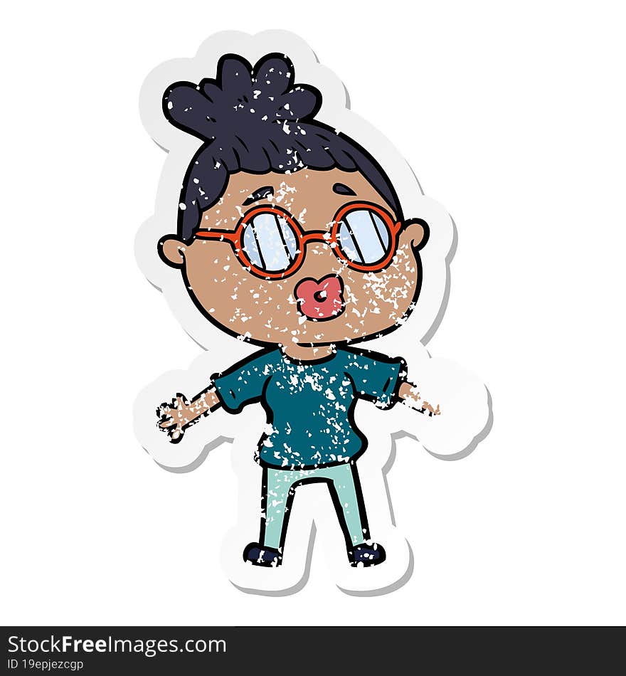 distressed sticker of a cartoon woman wearing spectacles