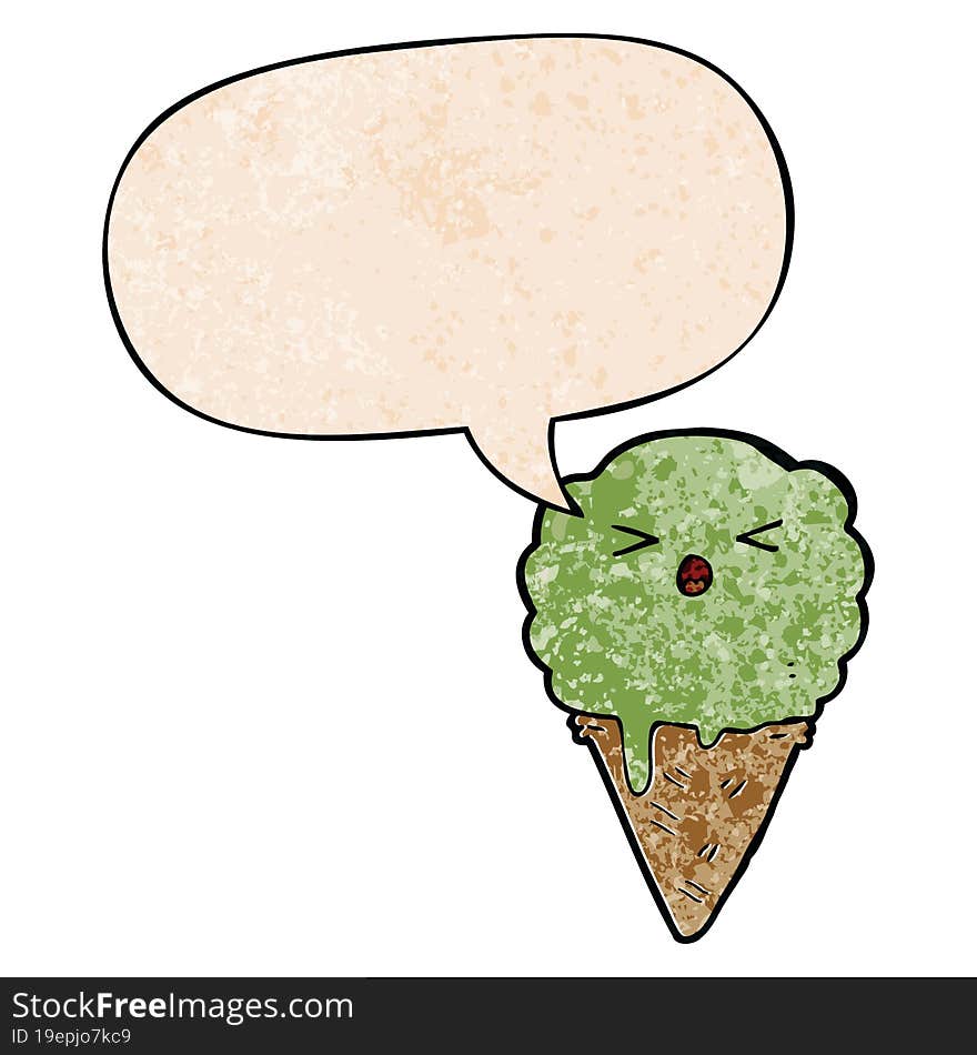 cartoon ice cream with speech bubble in retro texture style