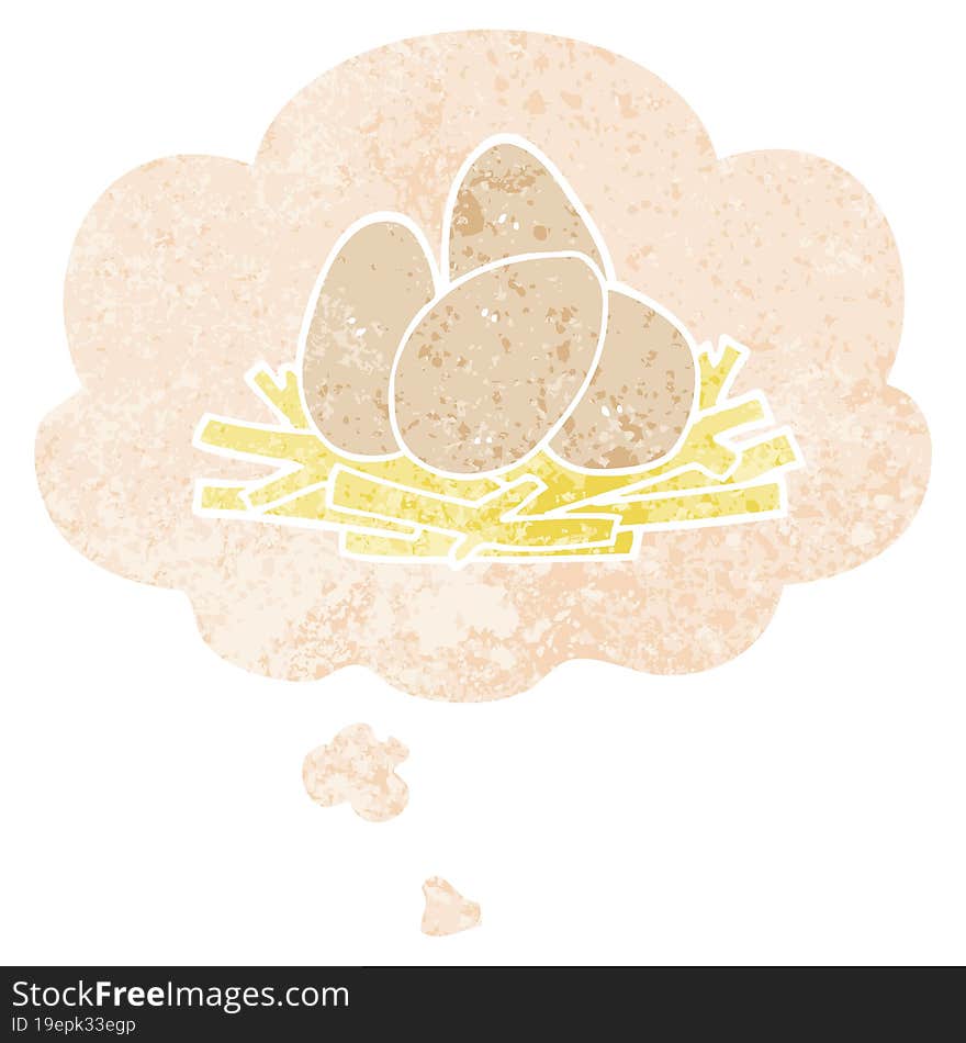 Cartoon Eggs In Nest And Thought Bubble In Retro Textured Style