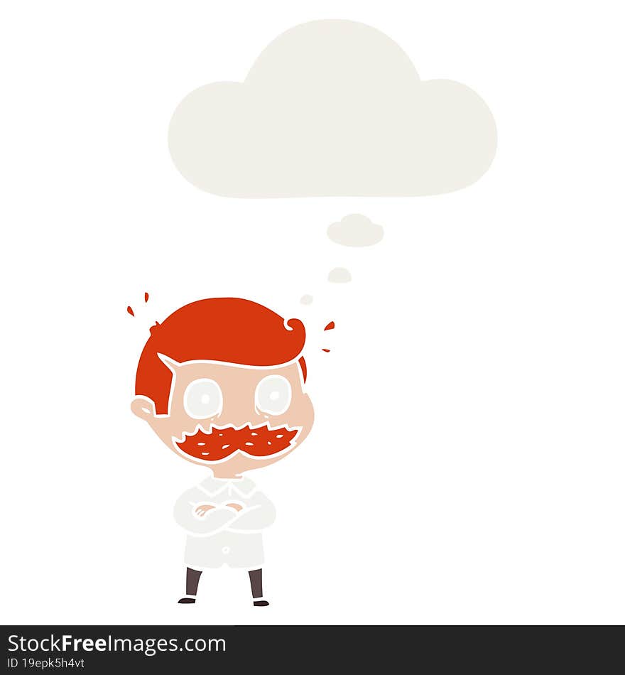 cartoon man with mustache shocked and thought bubble in retro style