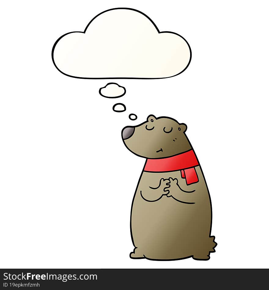 cartoon bear wearing scarf and thought bubble in smooth gradient style