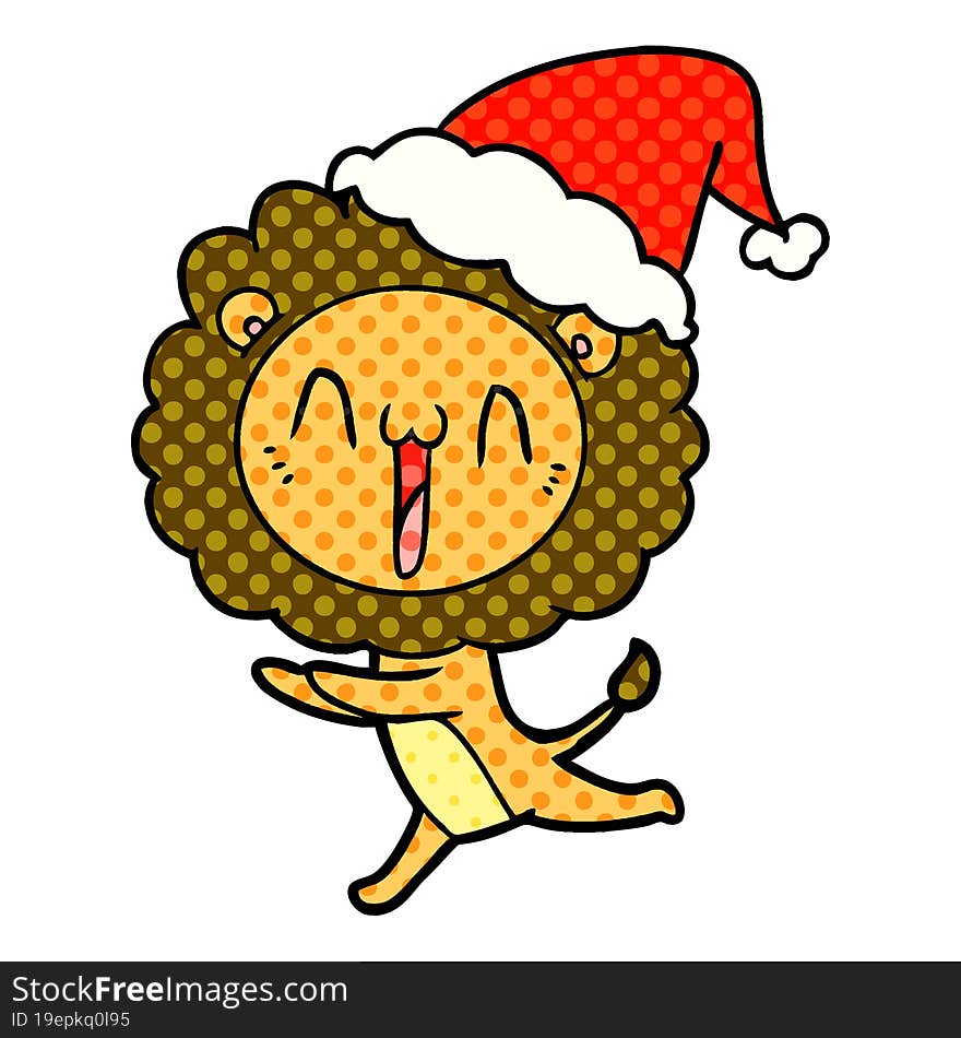 happy comic book style illustration of a lion wearing santa hat