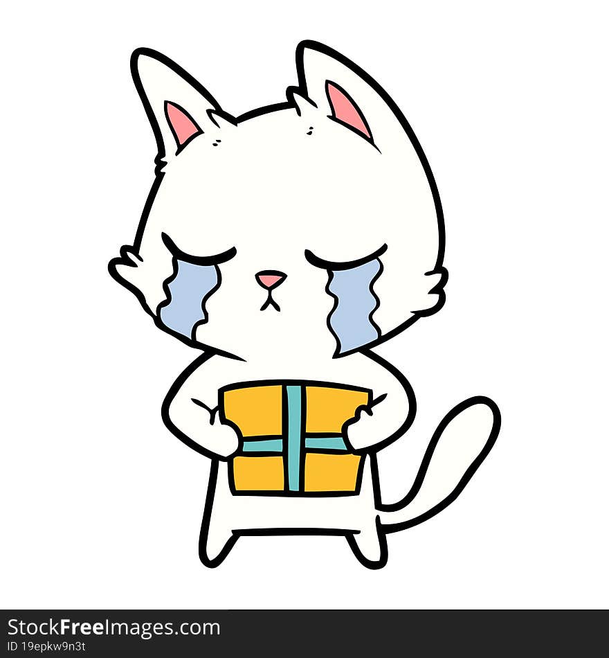 crying cartoon cat holding christmas present. crying cartoon cat holding christmas present