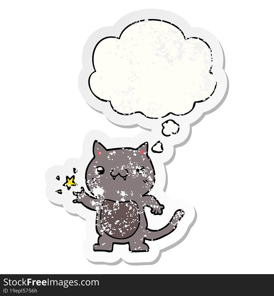 Cartoon Cat Scratching And Thought Bubble As A Distressed Worn Sticker