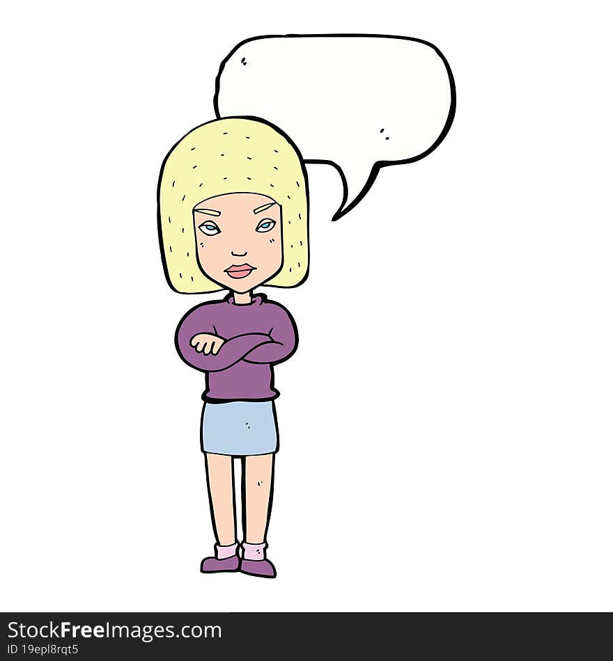 cartoon woman with crossed arms with speech bubble