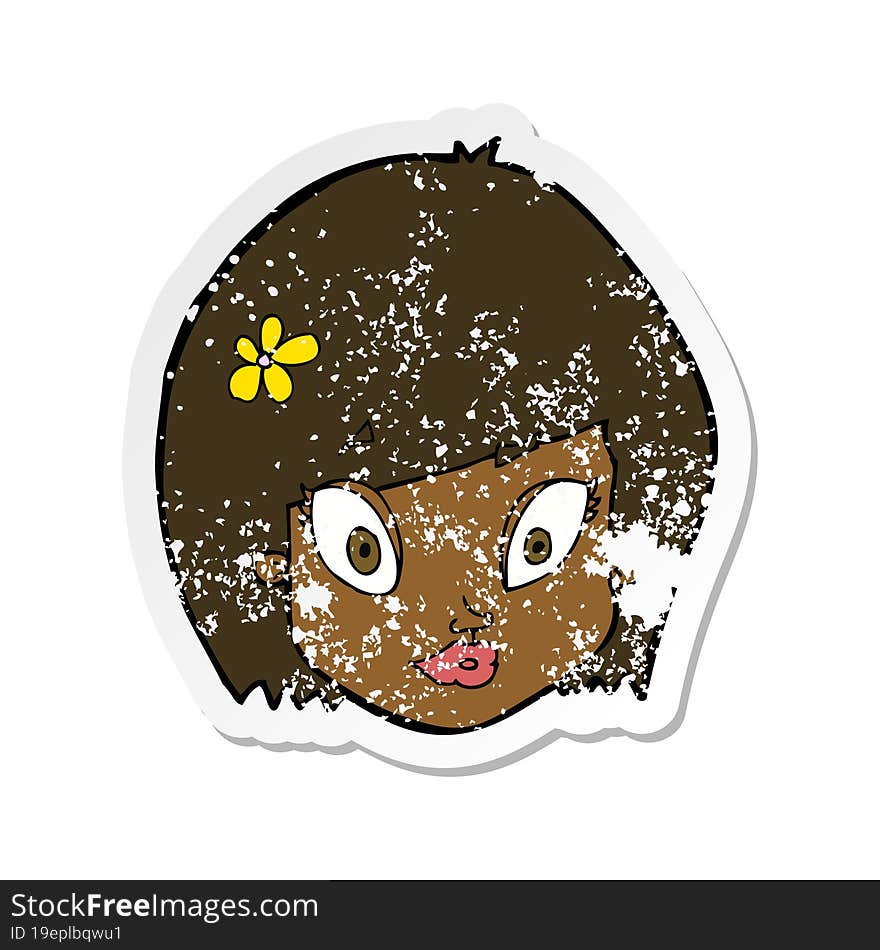 Retro Distressed Sticker Of A Cartoon Happy Female Face