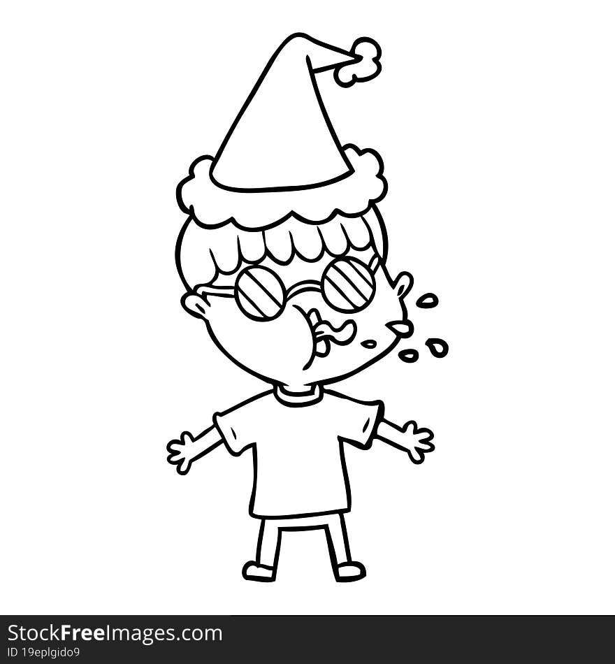 line drawing of a boy wearing spectacles wearing santa hat