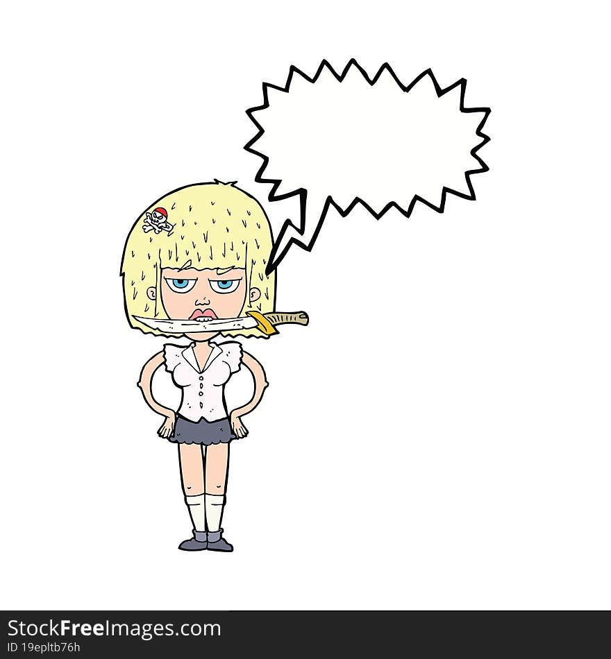 cartoon woman with knife between teeth with speech bubble