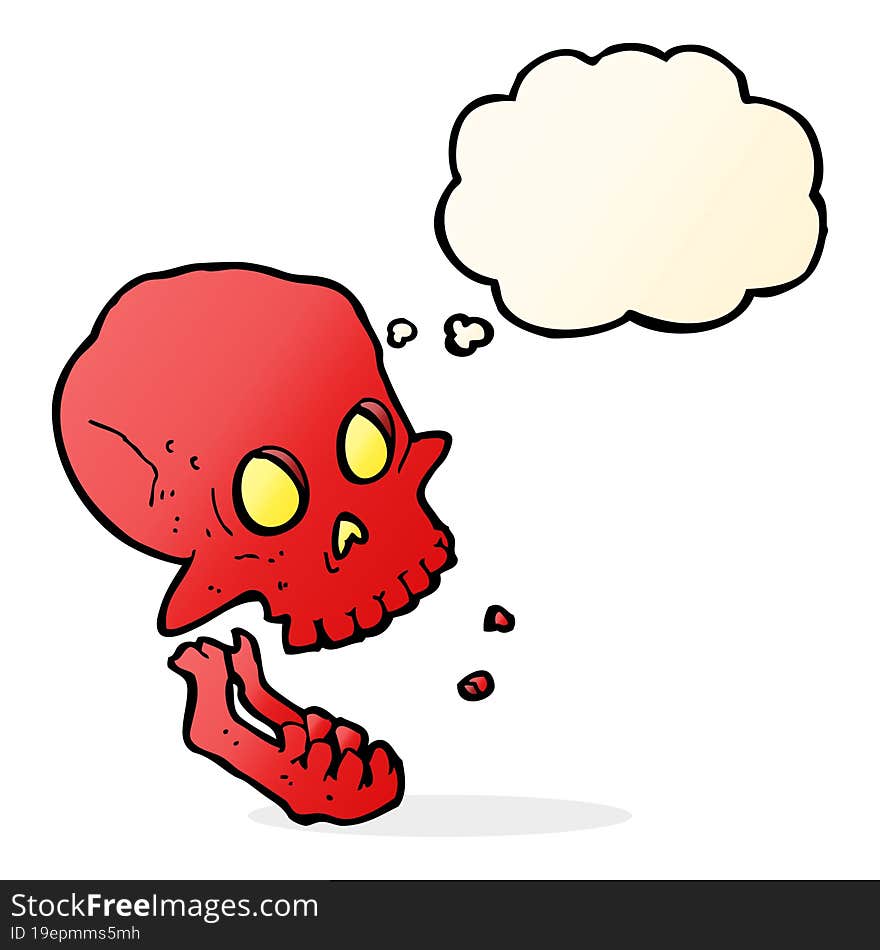 cartoon laughing skull with thought bubble