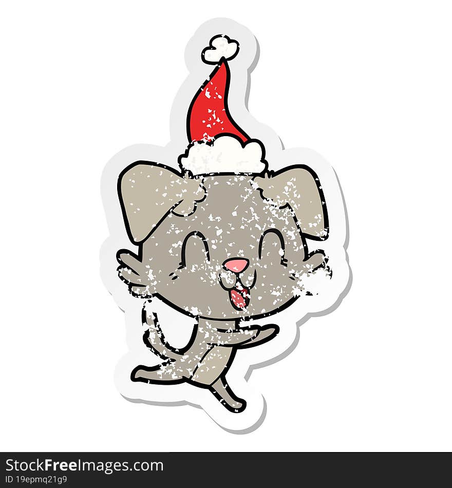 laughing hand drawn distressed sticker cartoon of a dog wearing santa hat. laughing hand drawn distressed sticker cartoon of a dog wearing santa hat