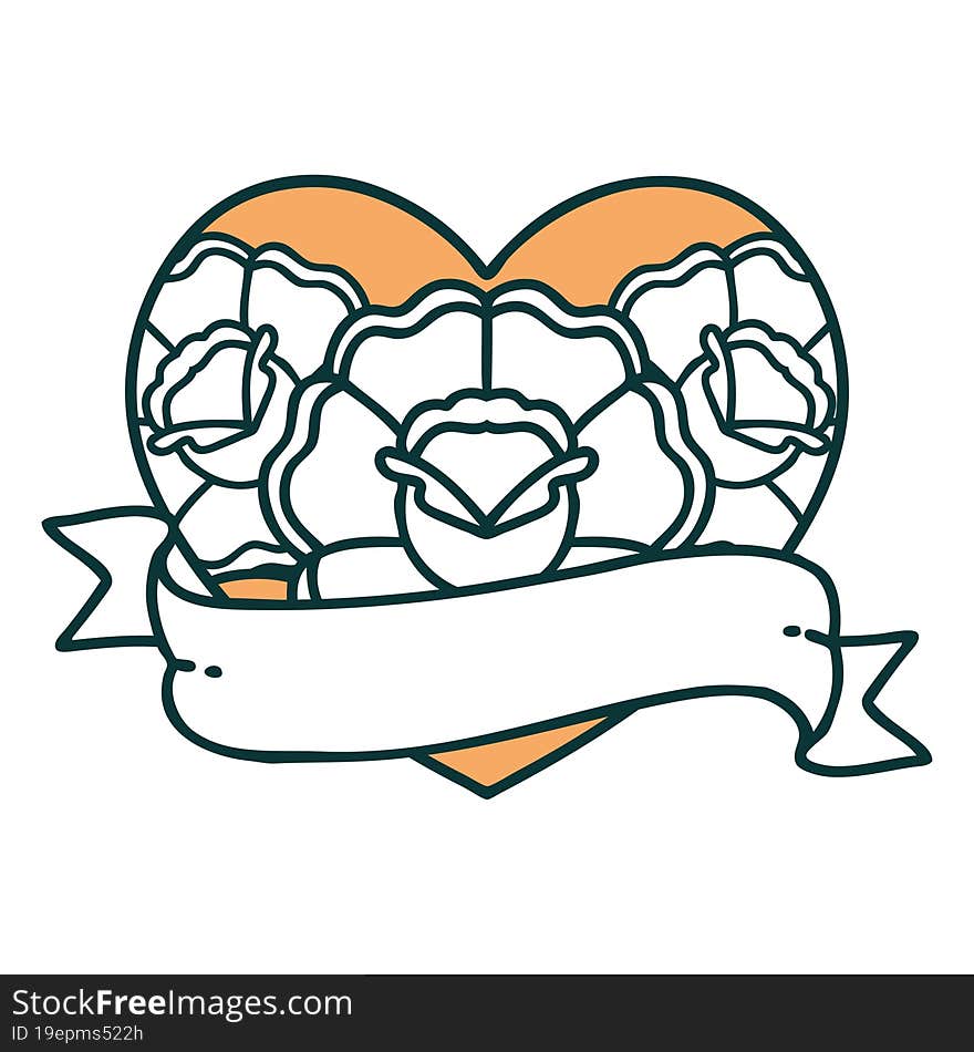 Tattoo Style Icon Of A Heart And Banner With Flowers