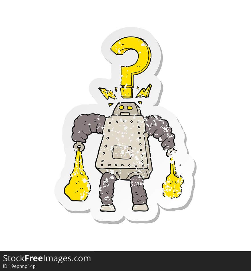 retro distressed sticker of a cartoon confused robot carrying shopping