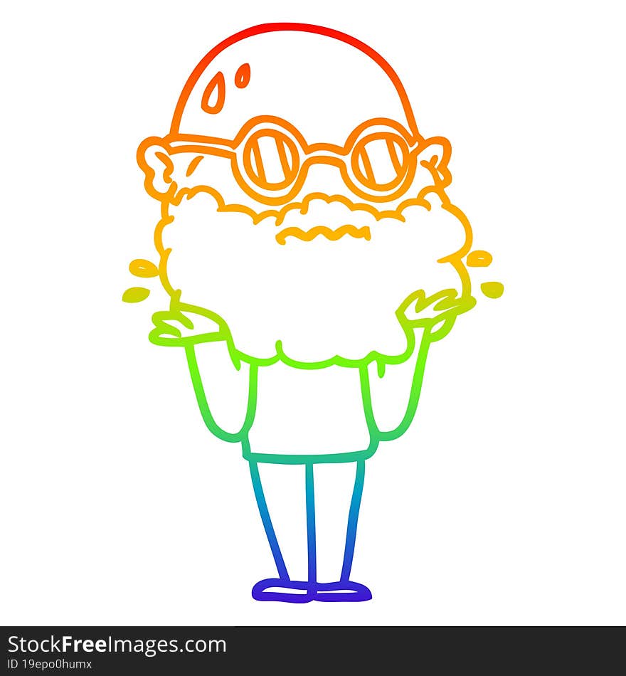 rainbow gradient line drawing of a cartoon worried man with beard and sunglasses