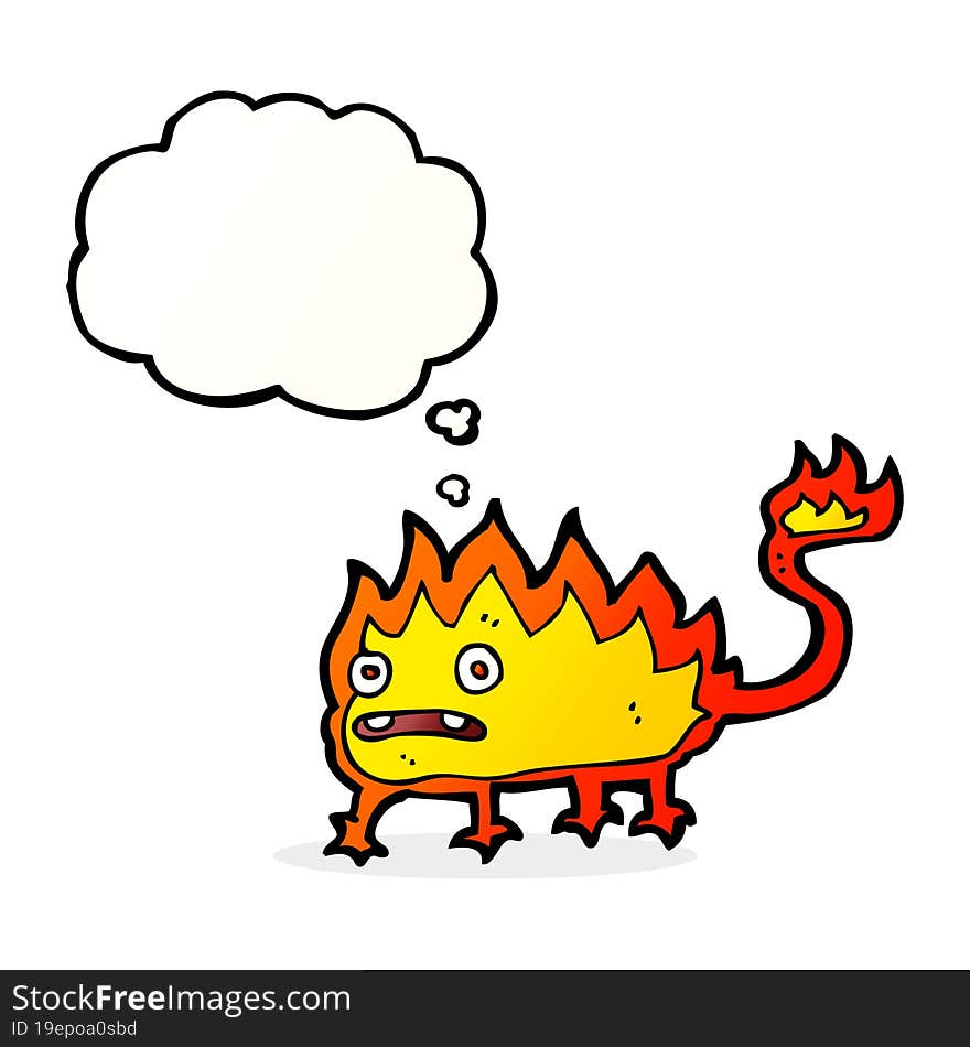 cartoon little fire demon with thought bubble