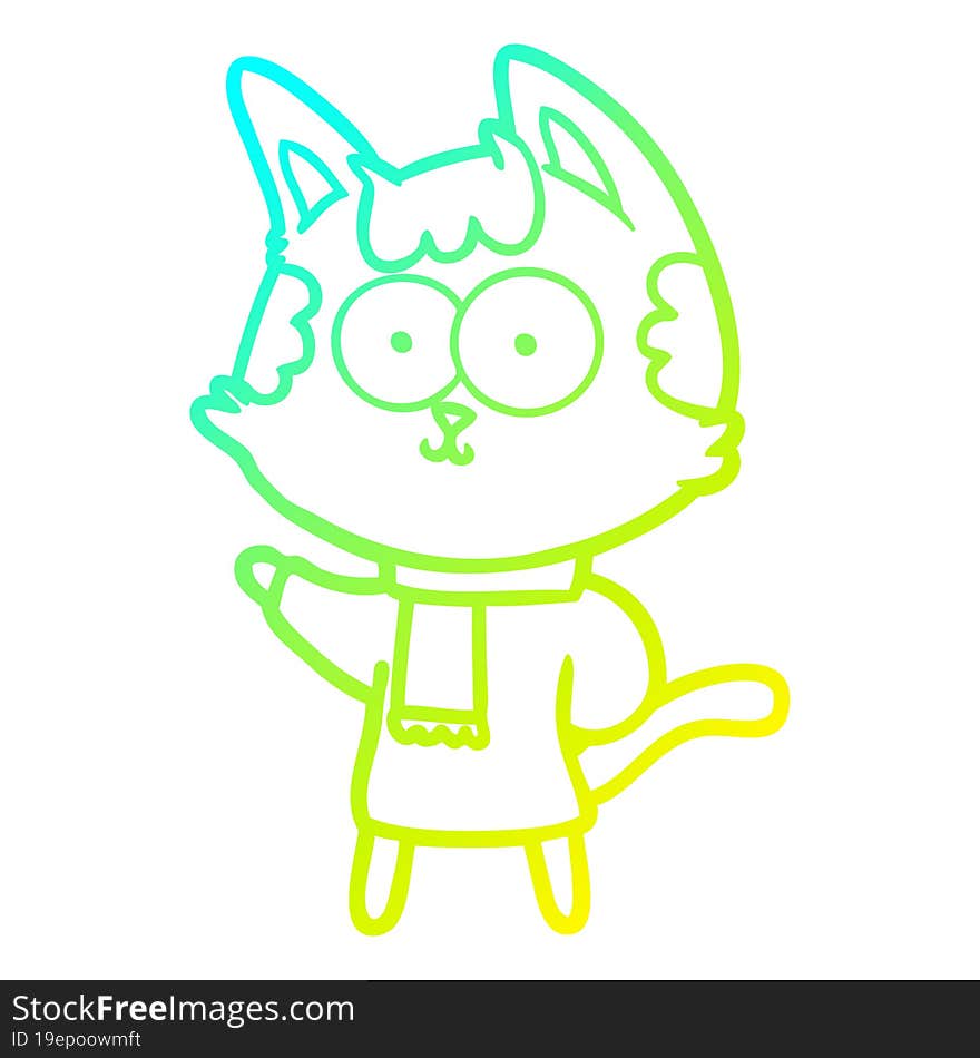 cold gradient line drawing happy cartoon cat in winter clothes