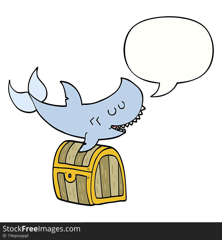 cartoon shark swimming over treasure chest with speech bubble