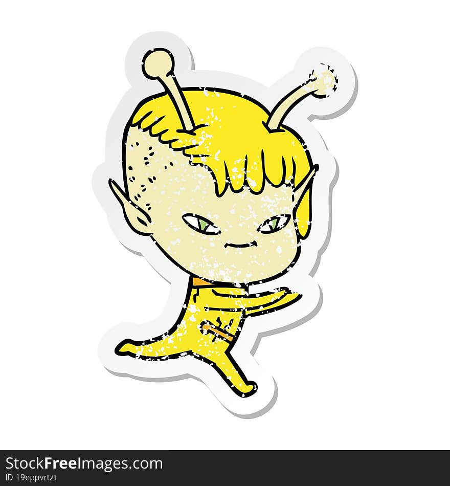 distressed sticker of a cute cartoon alien girl