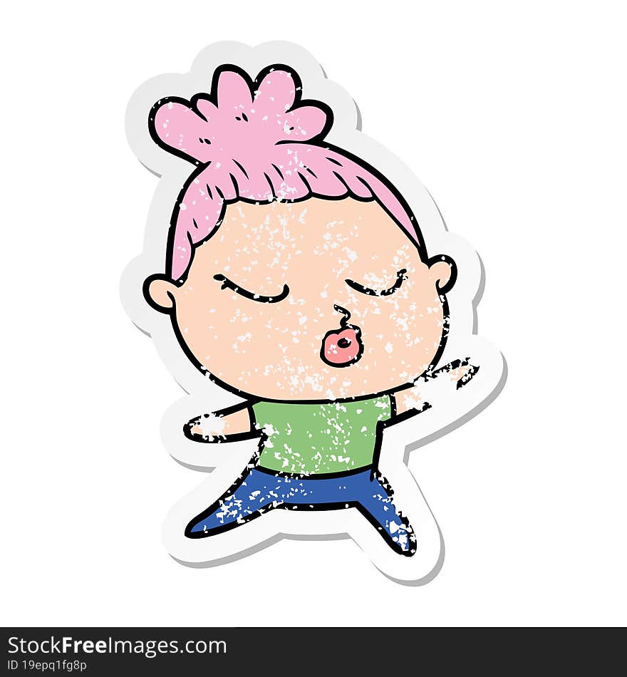 distressed sticker of a cartoon calm woman