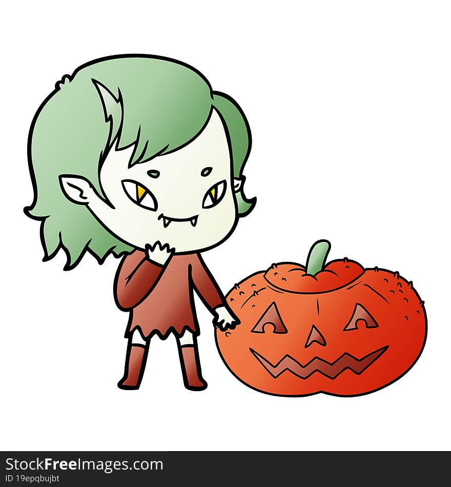 cartoon friendly vampire girl considering pumpkin. cartoon friendly vampire girl considering pumpkin