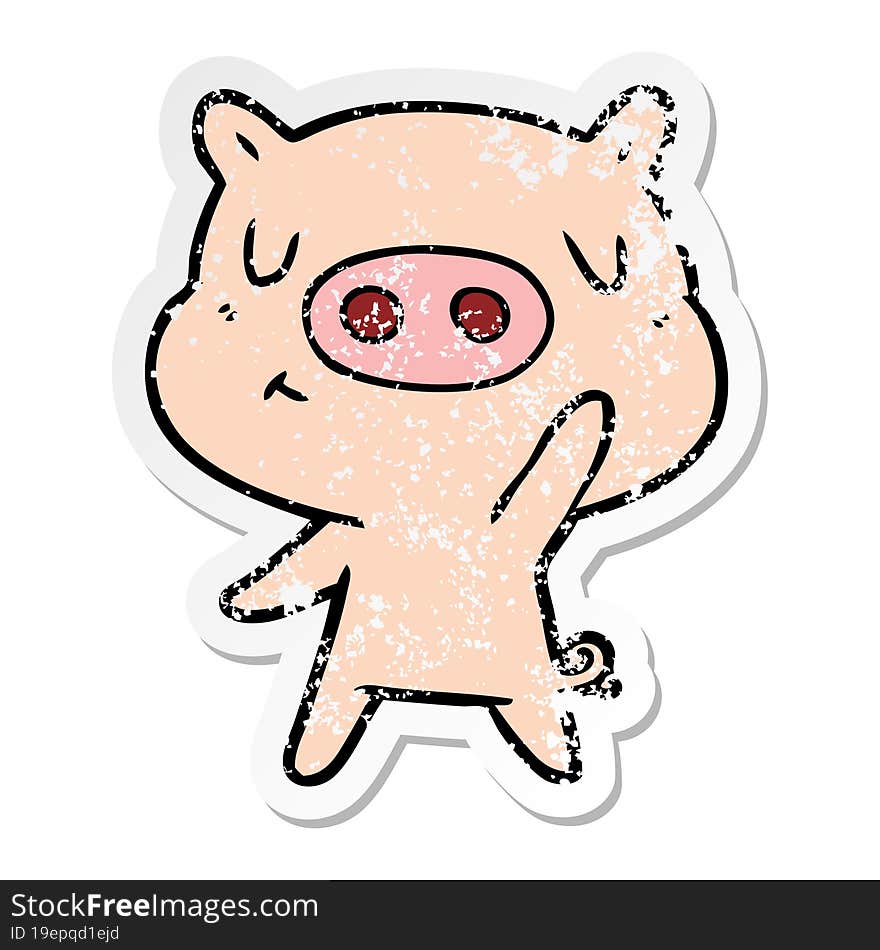 Distressed Sticker Of A Cartoon Content Pig