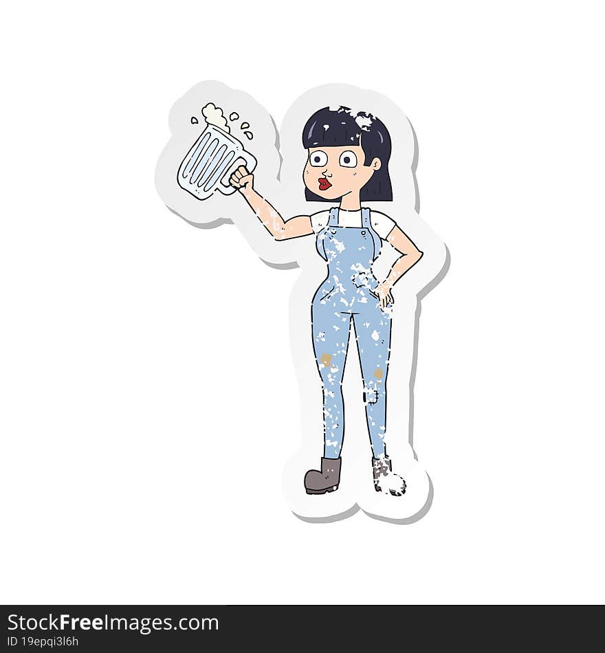 retro distressed sticker of a cartoon woman with beer