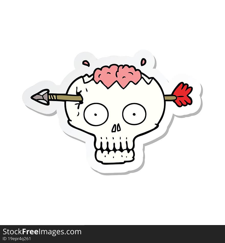 Sticker Of A Cartoon Skull With Arrow Through Brain