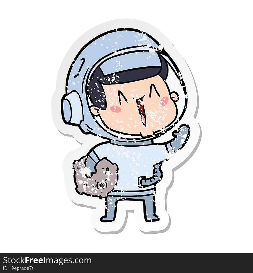 distressed sticker of a happy cartoon astronaut with moon rock